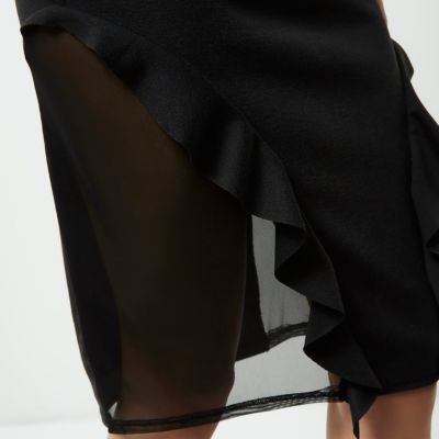 Black frill and mesh midi pencil skirt